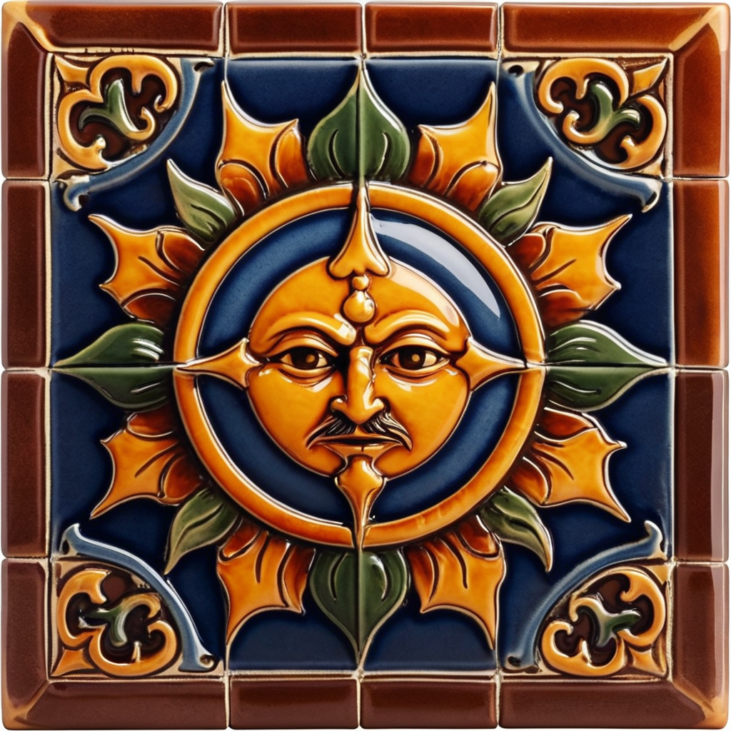 Square ceramic glazed tile with medieval art angry sun, Azulejo