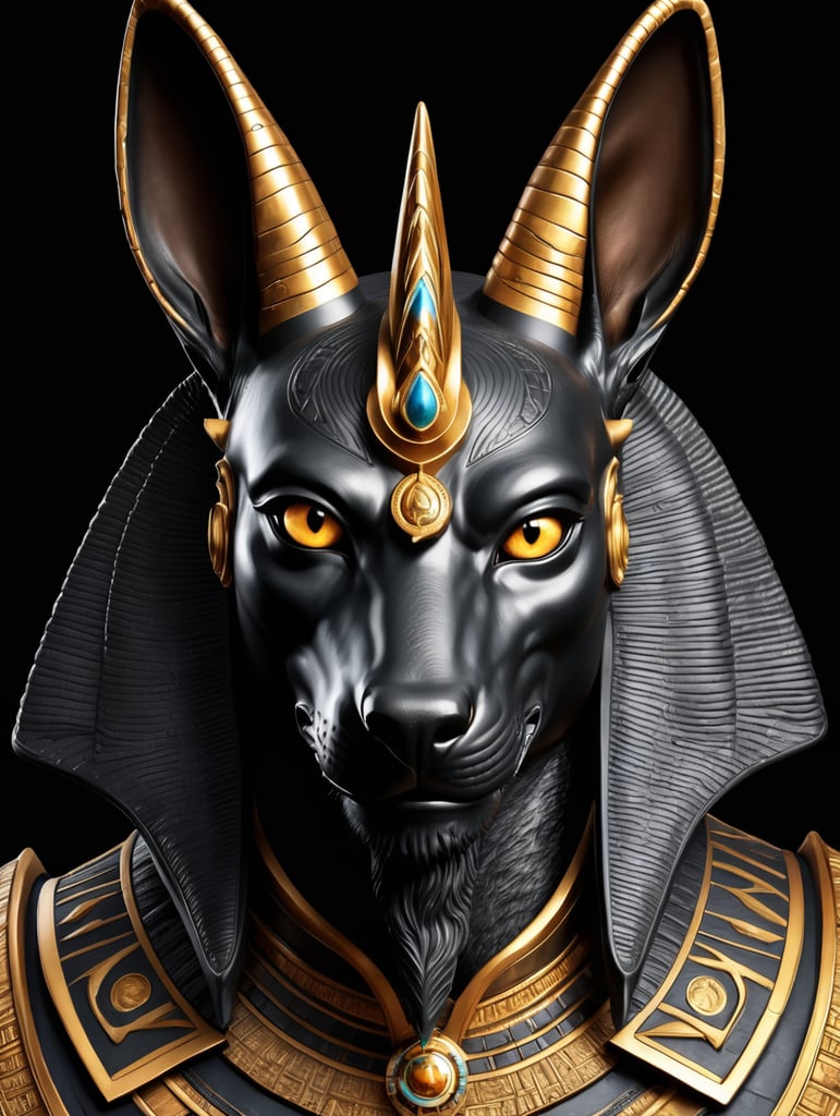 Egyptian god Anubis, portrait, hyper-realistic, dark style, focus on face, sharp on details, black background