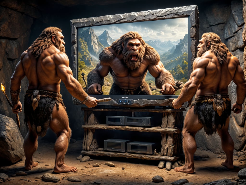 Два Неандертальца несут в руках Led телевизор с распродажи. Каменный век.