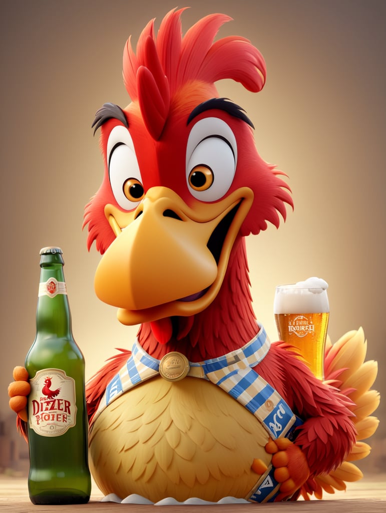 Drunk rooster holding beer
