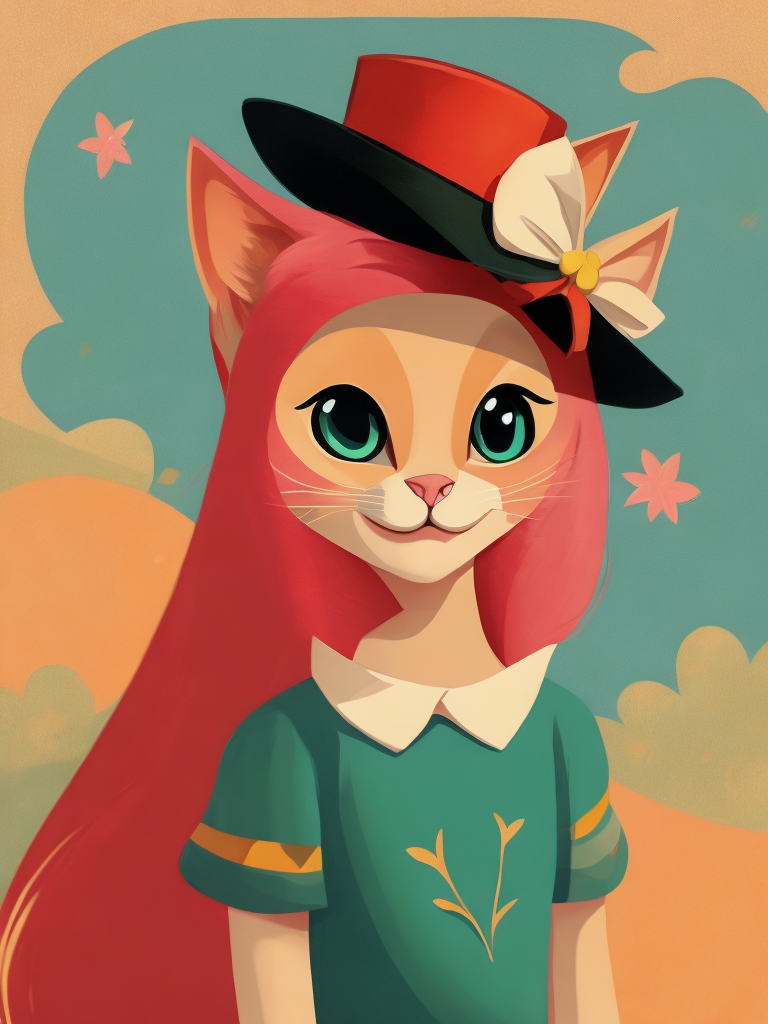 a young pink cat, wearing a hat, Illustration, Disney, USA, style of Mary Blair