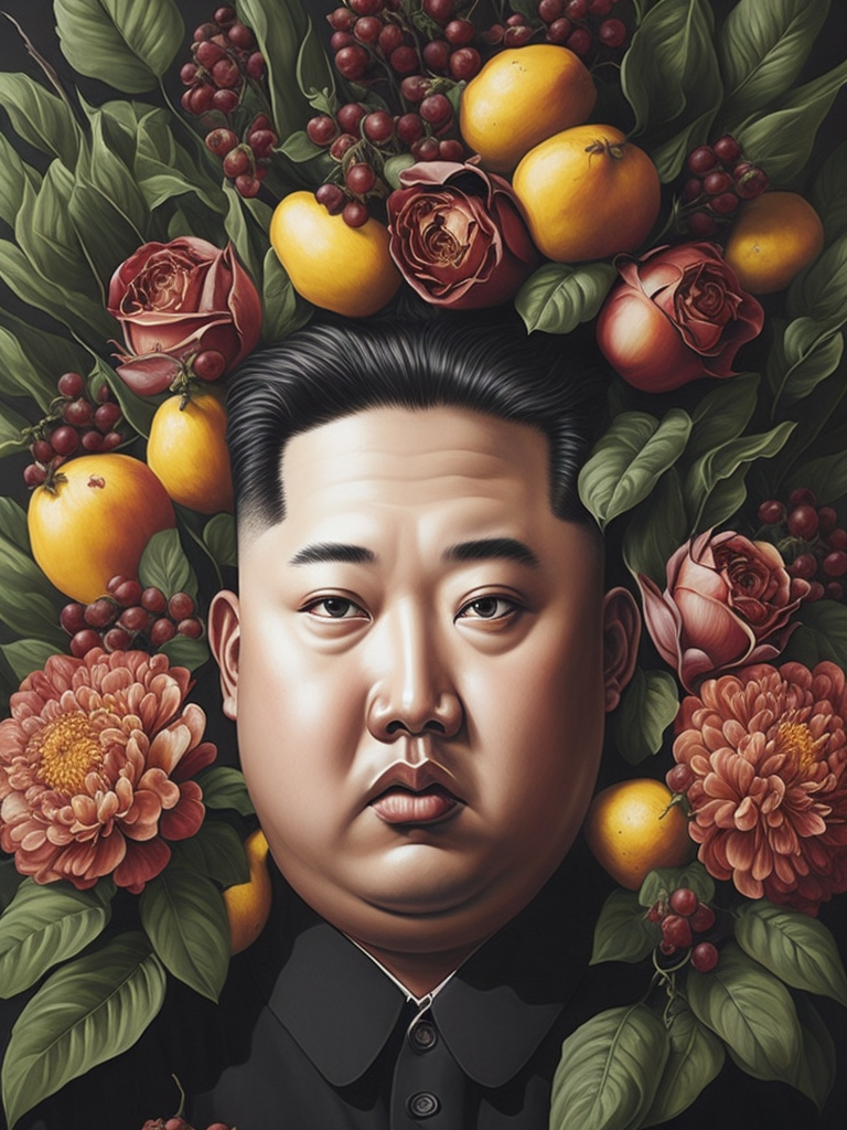 a painting of Kim Jong Un head surrounded by flowers and fruit, Painting, Oil, Still Life, Botanical, Italy, style of Giuseppe Arcimboldo