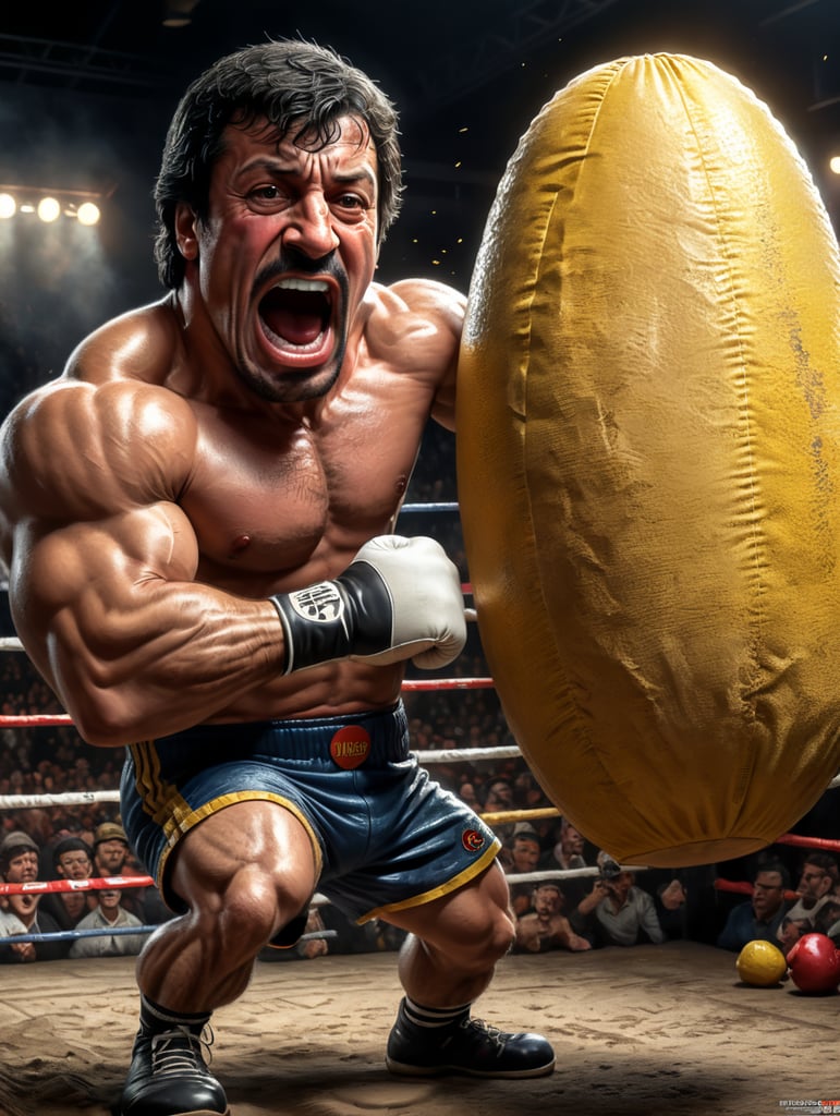 Rocky Balboa hitting a sack as A cartoon character, such as Mickey Mouse, Bugs Bunny, or Homer Simpson.