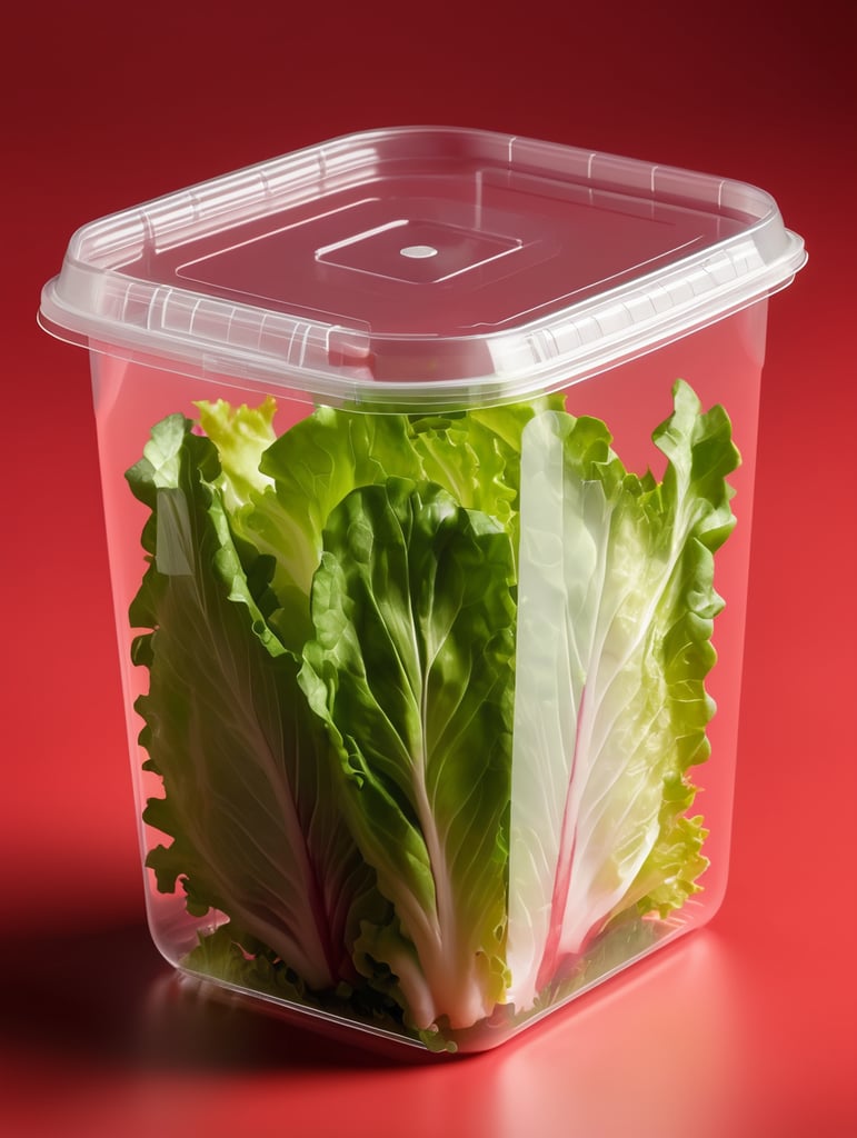 blank Transparent Plastic Container with Iceberg lettuce Salad, isolated, red background, Mockup, mock up