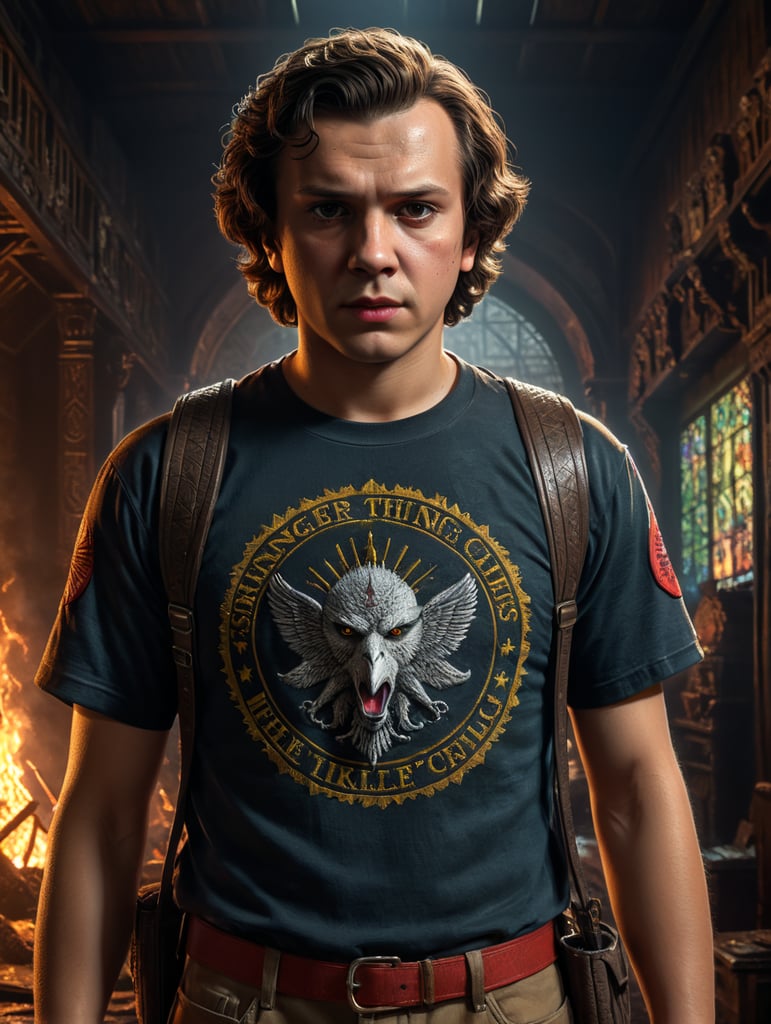 Peso Pluma looks like mike wheeler from stranger things, Hellfire Club t-shirt