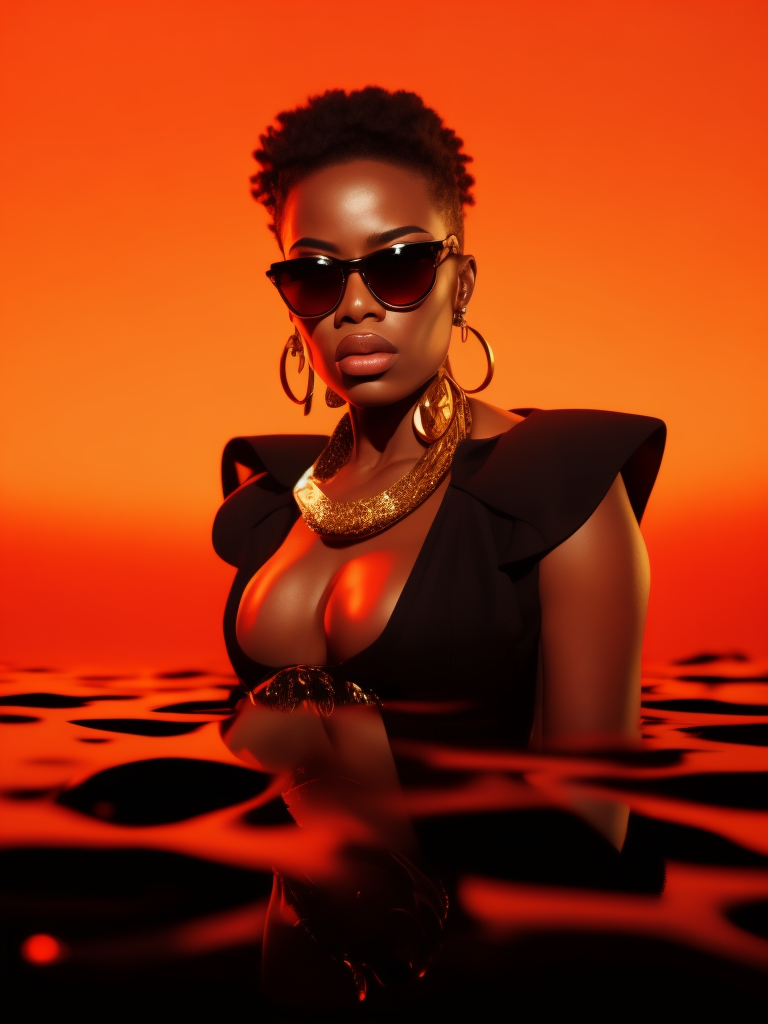 Black female model standing in waist-length black fluid, wearing black fashion dress, red lighting, black sunglasses, thick gold necklace around her neck, short haircut, red-orange background, fashion model, magazine cover, professional shot, magazine photography, bright saturated colors, sharp focus, highly detailed