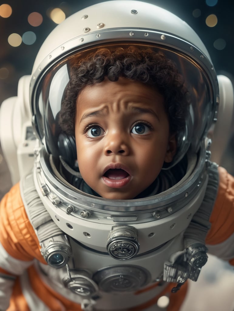 a child in a space suit with a surprised look on his face, a photocopy by Stokely Webster, featured on cgsociety, afrofuturism, sense of awe, uhd image, behance hd