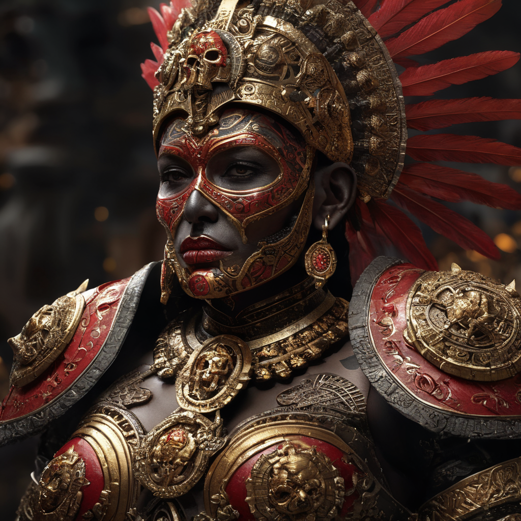 Itzpapalotl, aztec deity, woman with a skull face, black, red and gold armor