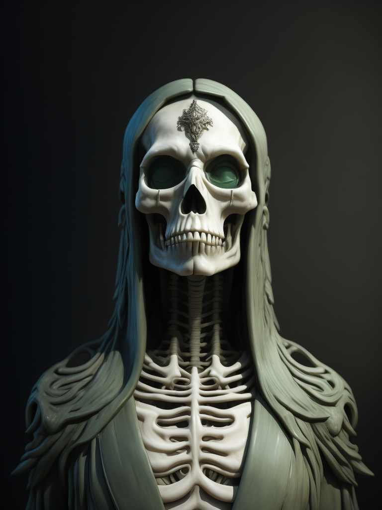 ultra detailed marble and jade sculpture of a female necromancer, skeleton face, volumetric fog, Hyperrealism, breathtaking, ultra realistic, ultra detailed, cyber background, cinematic lighting, highly detailed, breathtaking, photography, stunning environment, wide-angle