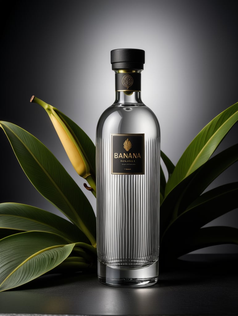 Tall minimalist glass banana vodka bottle design with a texture of closely spaced vertical lines with vibrant colors for a luxury matte black perfume with a shape inspired by vodka bottles. On a dark gray background. Packaging and branding for a banana vodka brand, a set design with banana, and banana leaves.