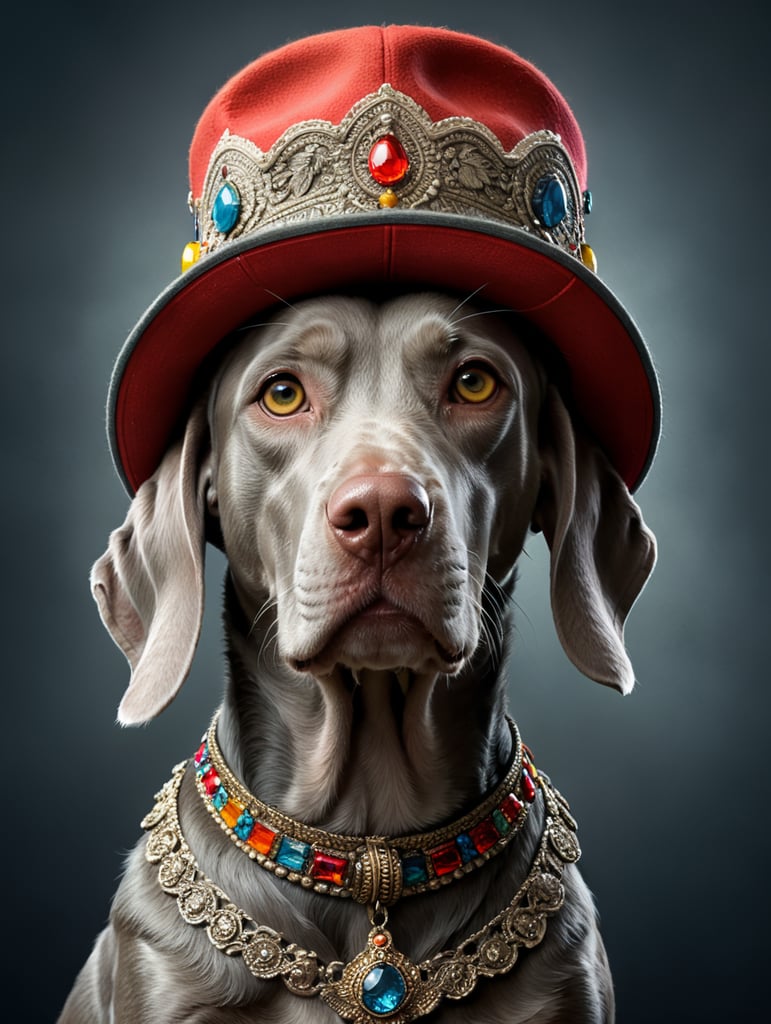 Weimaraner dog wearing hat