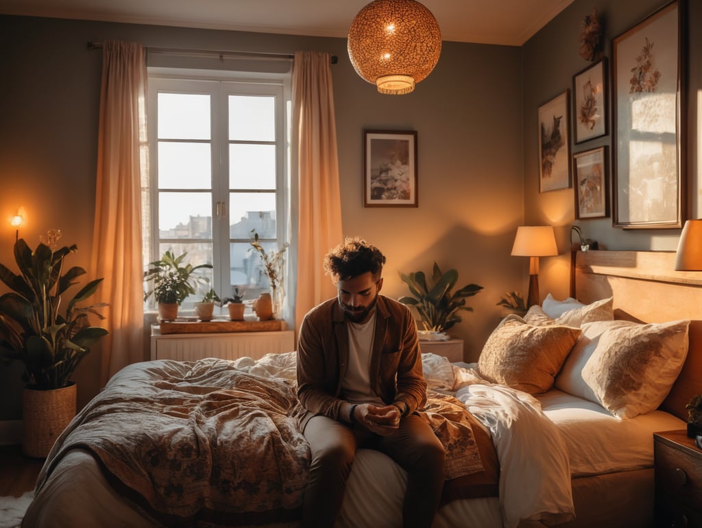 person waking up during sunrise in a vibrant eclectic decorated bedroom