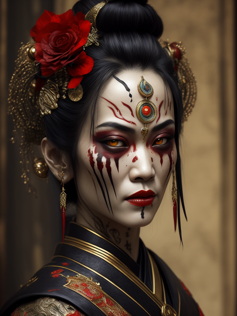 Portrait art of undead geisha, detailed, intricate, full of colour, cinematic lighting, focused, extreme details, cinematic, masterpiece
