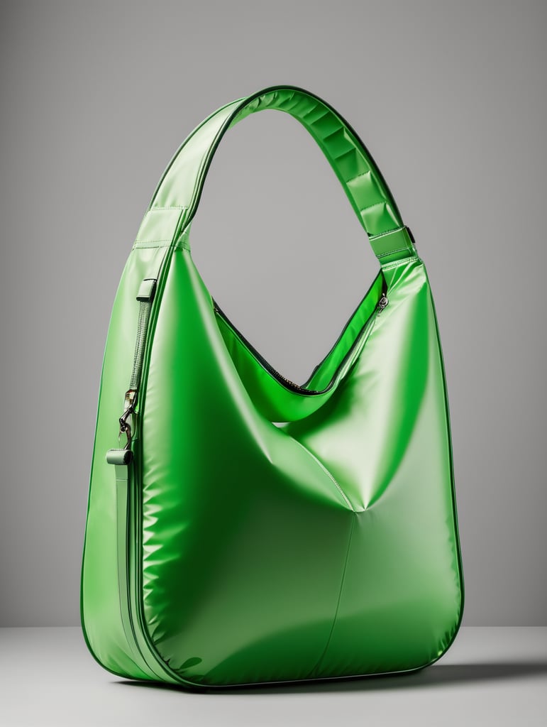 Inflatable vibrant green minimalist women's bag, isolated, grey background, mockup