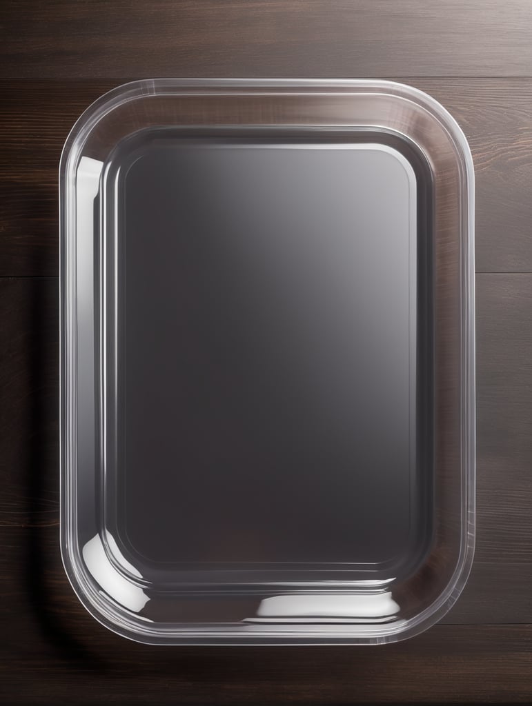 empty transparent plastic tray covered transparent plastic film top view, isolated, mockup