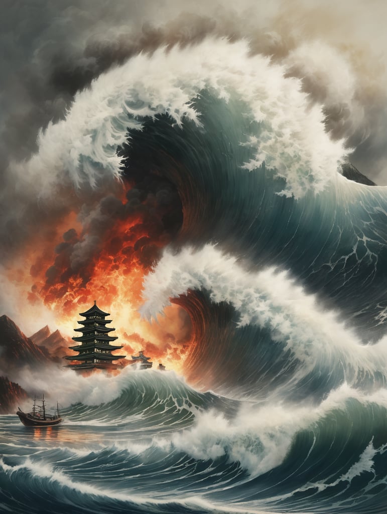Epic photograph of an earthquake in Japan, large waves, destruction, fire, Japanese painting style