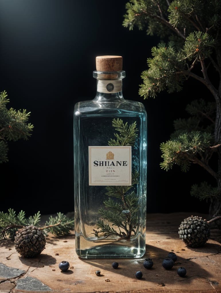 professional photography of a square gin bottle, square bottle, surrounding a juniper and juniper berries, one shot of gin in a front, no label, clear, mockup