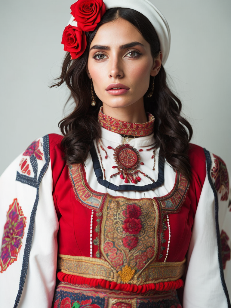 Portrait of a traditional Bulgarian woman wearing traditional costume with roses on her head, bright and saturated colors, elegant, highly detailed, vogue, fashion magazine, sharp focus, bright expressive makeup, dramatic Lighting, depth of field, incredibly high detailed, blurred background, professional digital painting, concept art