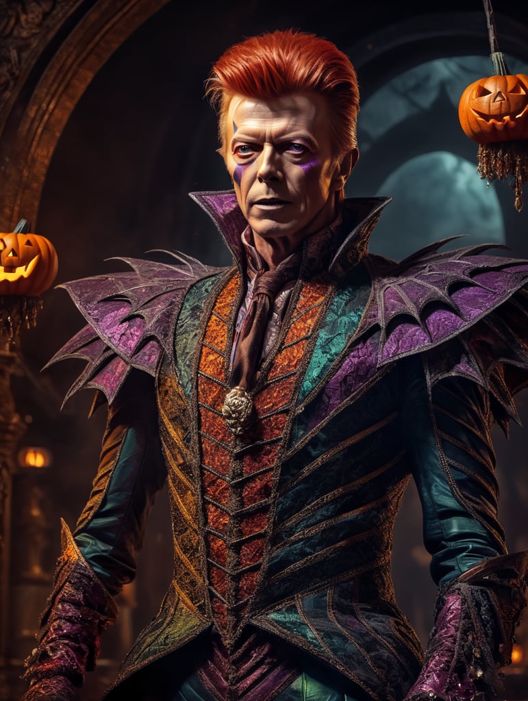 David Bowie as an evil character wearing spooky Halloween costume, Vivid saturated colors, Contrast color