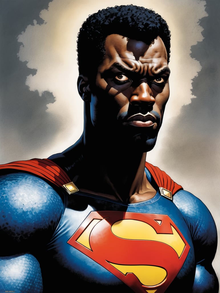 Black Superman, Hero Portrait, Comics, Marvel, Horror, USA, style of Richard Corben