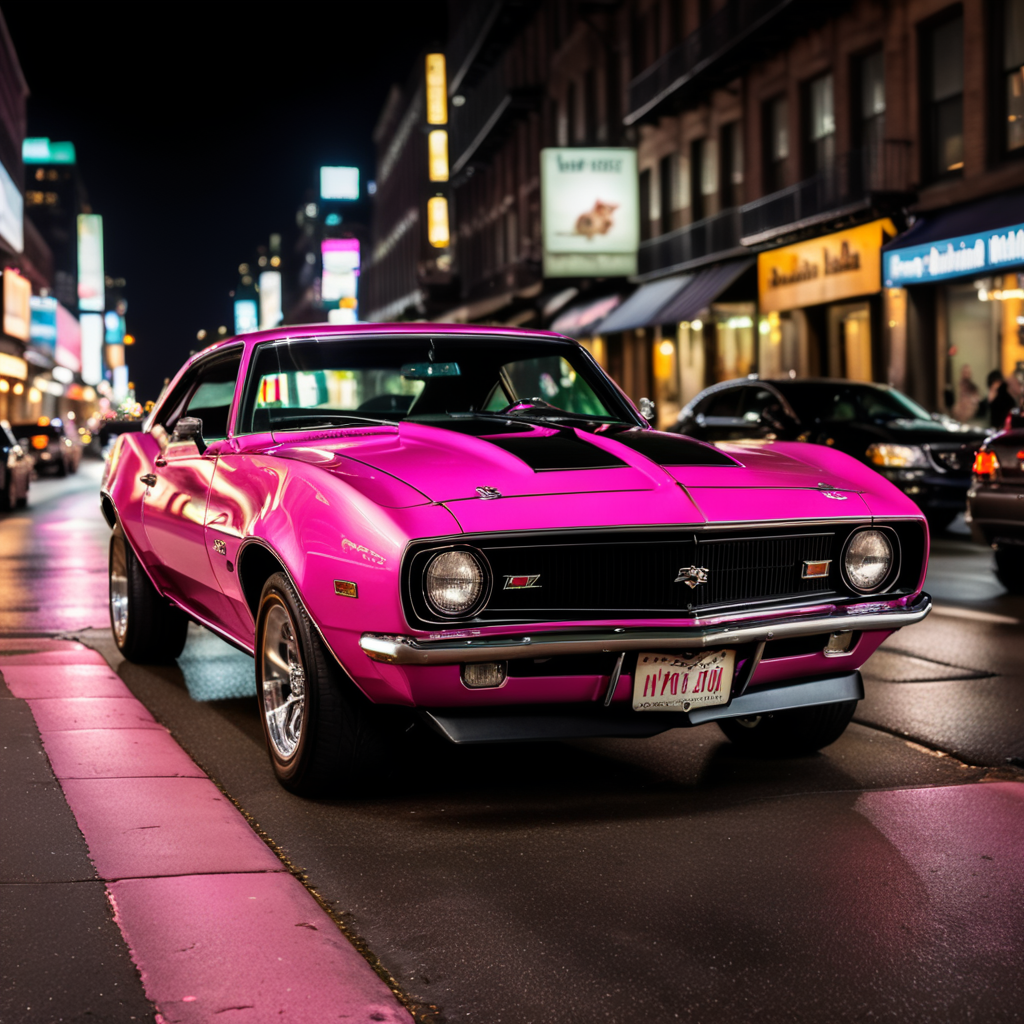 The offspring of a pink 1968 Camaro that's been crossed with a fuzzy kitten and it's driving the streets of New York City at night.