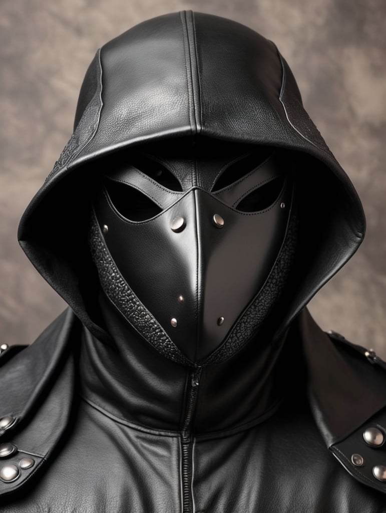create a close up of a black leather masked, hooded black toad made up from leather skin