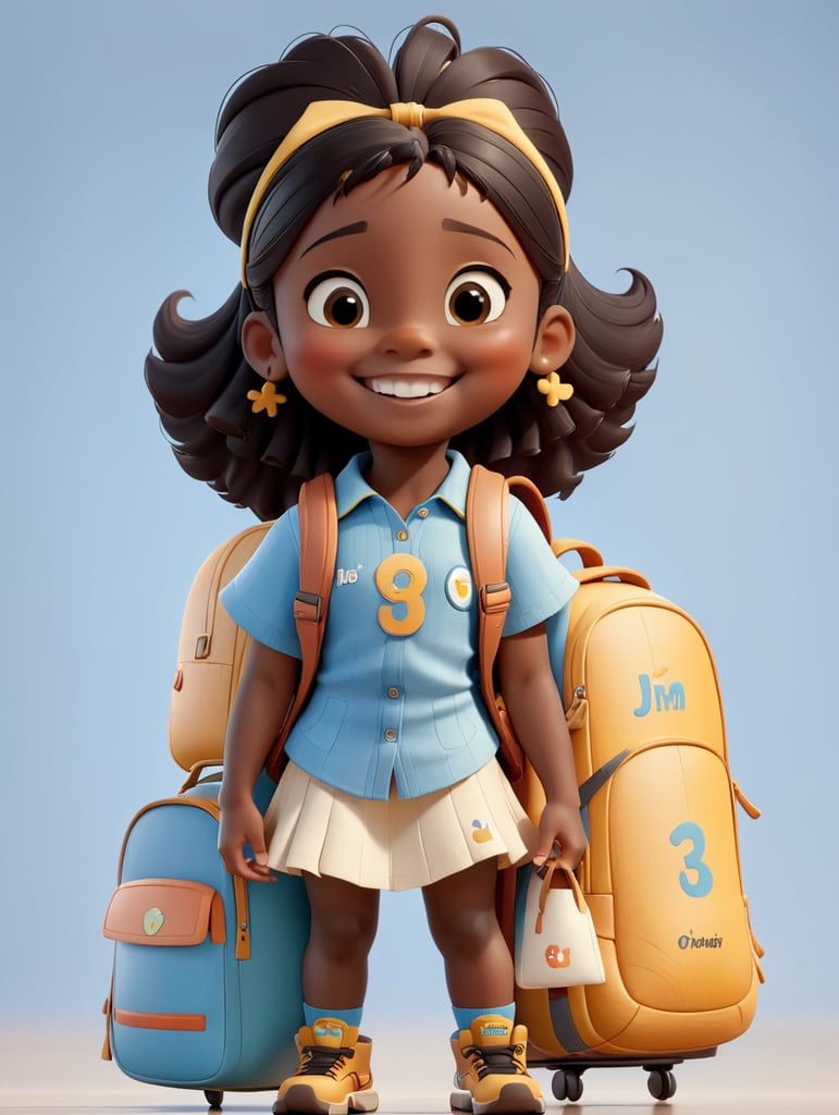 Estudante infantil feminina, de pele negra, sorrindo, com os braços para cima
