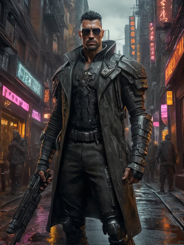 Cyberpunk warrior in a narrow New York street noir portrait