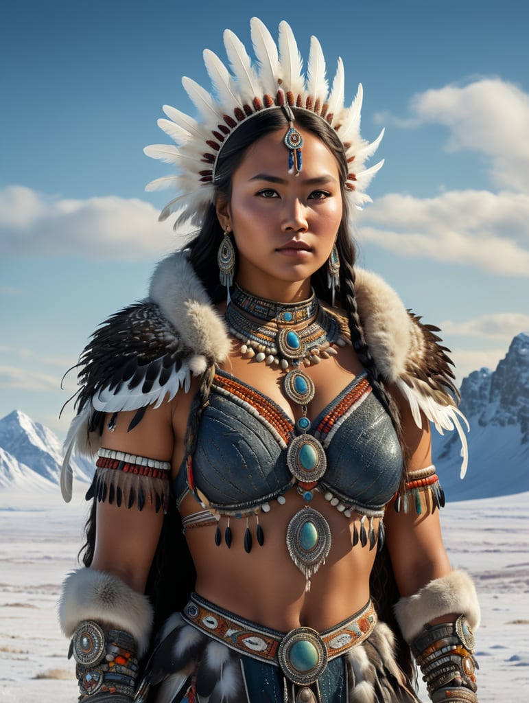 Generate a captivating full-body illustration of a stunning 18-year-old inuit woman dressed in exquisite stone age clothing, embellished with intricate feathers, vibrant beads, and delicate shells. she stands gracefully on the stark tundra steppe, radiating beauty and strength, while beside her, her younger brother, with a somber expression, evokes a poignant and melancholic atmosphere. bring this vision to life with the artistry of tom björklund.