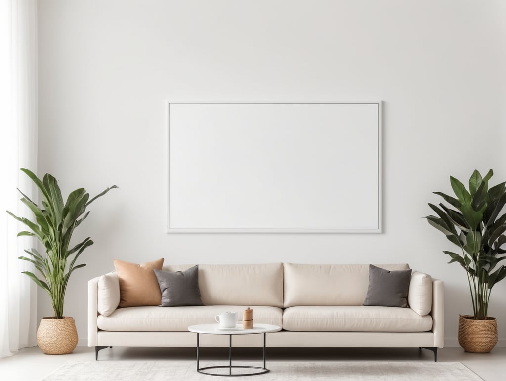 Mockup empty, blank poster frame, sitting on top of a sofa, contemporary style living room