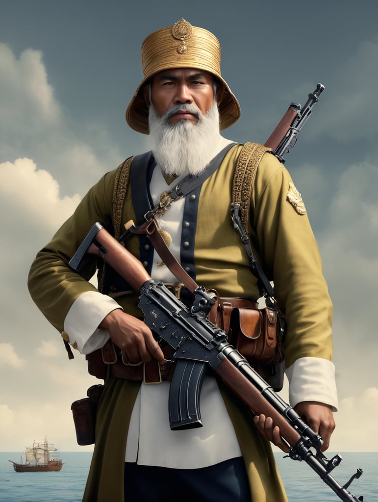 photograph of 15 century malay naval kingdom personal, with his AK47 asssault riffle. HD quality, hyper realistic.