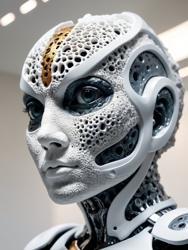 Raw photo, 8k uhd, dslr, soft lighting, high quality, film grain, Fujifilm XT3, RAW distant satellite photo of a sculpture of a sponge organism resembling a ((synthetic hollow cyborg pixie)), skinless face, perforated marble porcelain, (people inside), breathtaking, dynamic pose, ((white background)), (sharp focus, hyper detailed, highly intricate), natural lighting