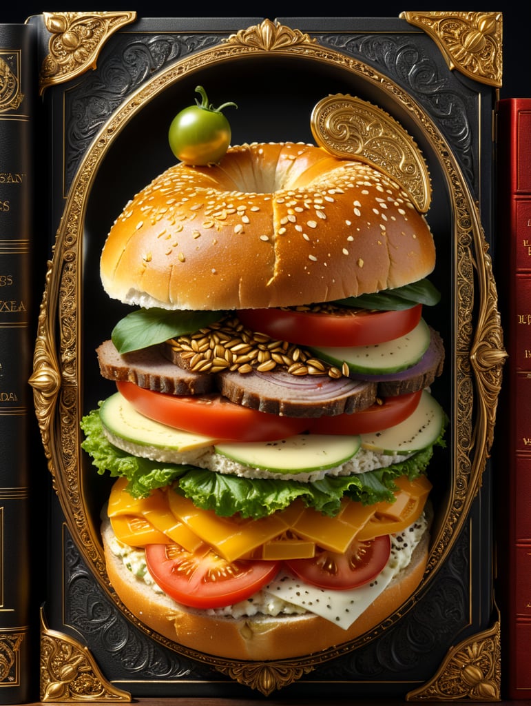 A stunning interpretation of extreme sandwich with books inside, golden bun with seeds, letucce, tomato slice, hard cover books with title engraved with gold, highly detailed and intricate, golden ratio, hypermaximalist, ornate, luxury