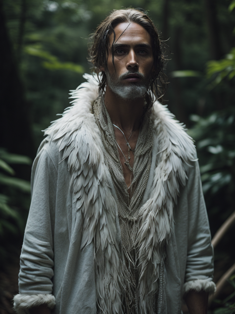 Um indígena com uma vestimenta de penas brancas no meio da floresta fechada