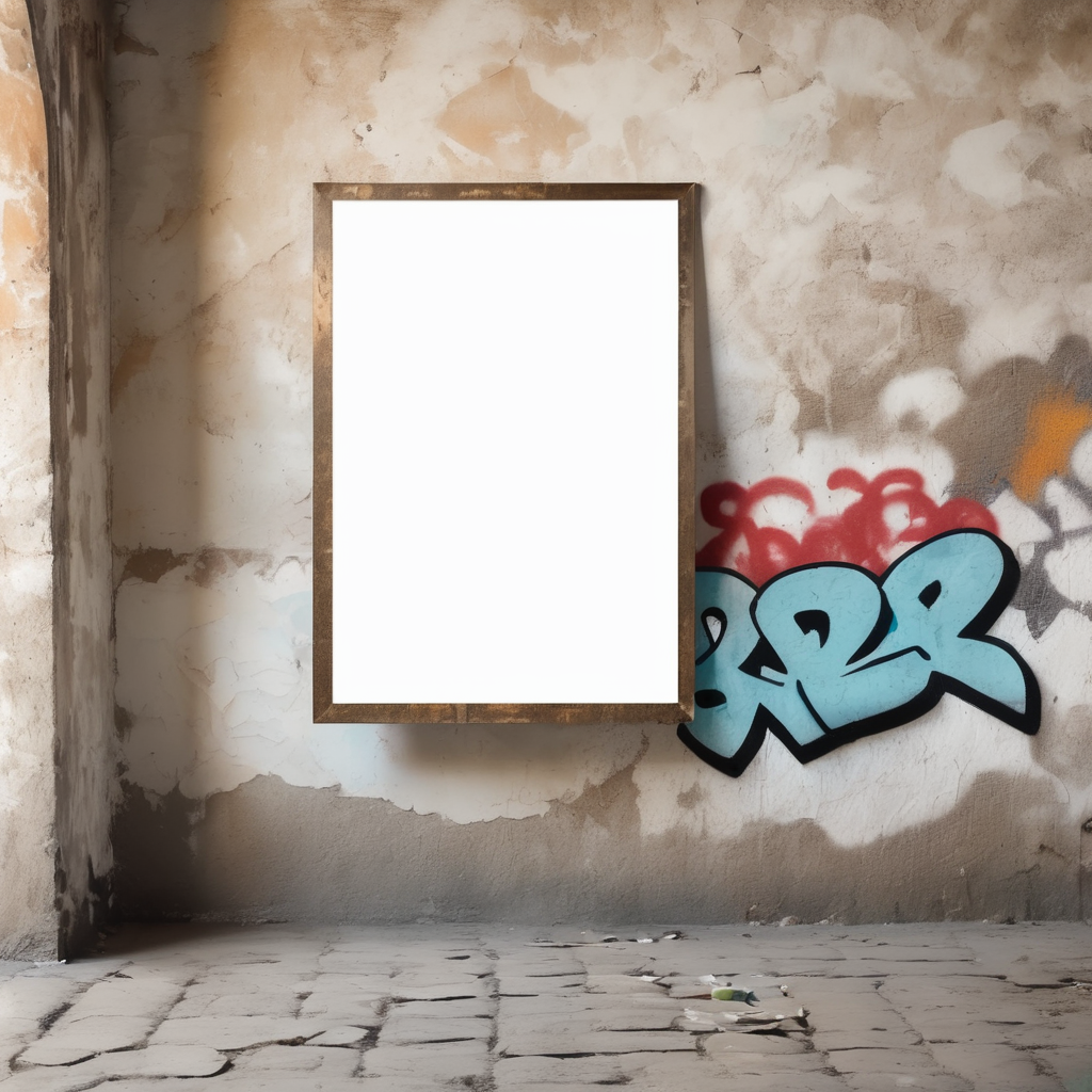 a white blank poster hangs on an old shabby wall with graffiti, the corner of the poster is bent, people are blurred, daylight, mockup, mock up