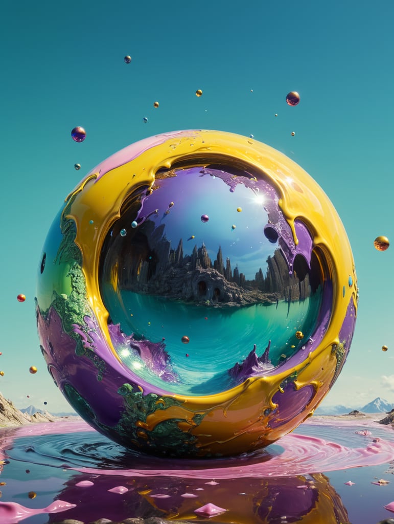 a singular object, floating in mid air, trippy, looks like a ball of liquid porcelain, gloss, shine, otherworldly, nature, photorealism, y2k, rave, plain light blue colour background, light green, pinks, purple, yellow