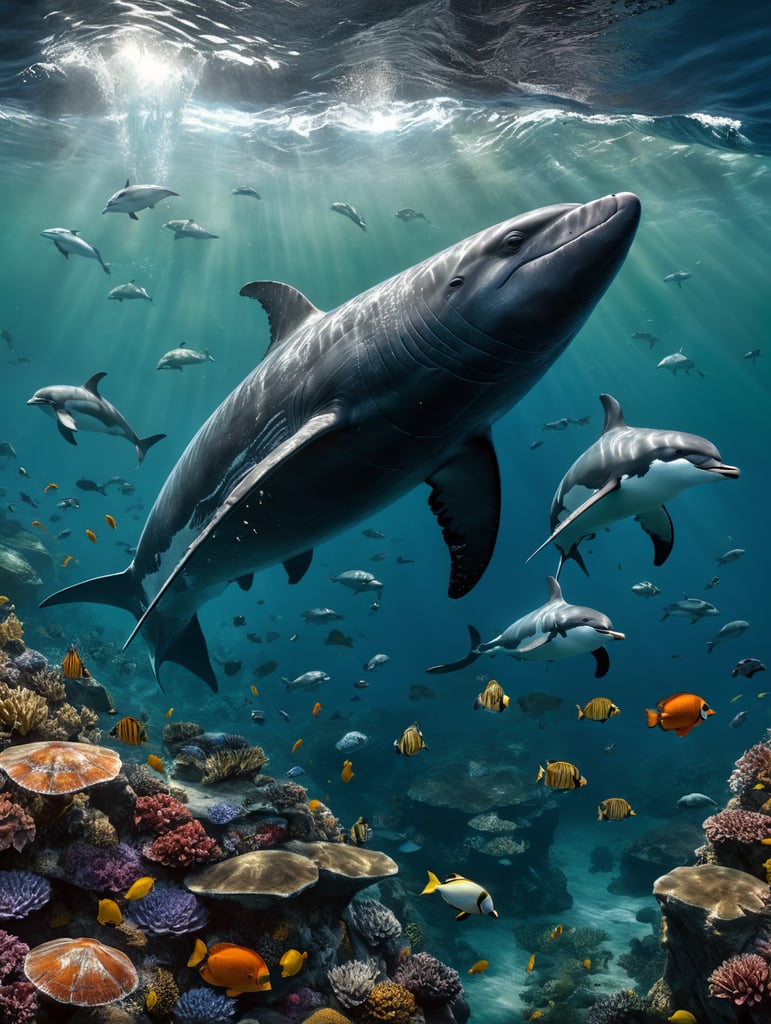 I want five separate images of the following animals: blue whale, green sea turtle, Galápagos Penguins, Monarch Butterflies and Hector’s Dolphin. Same realistic art style