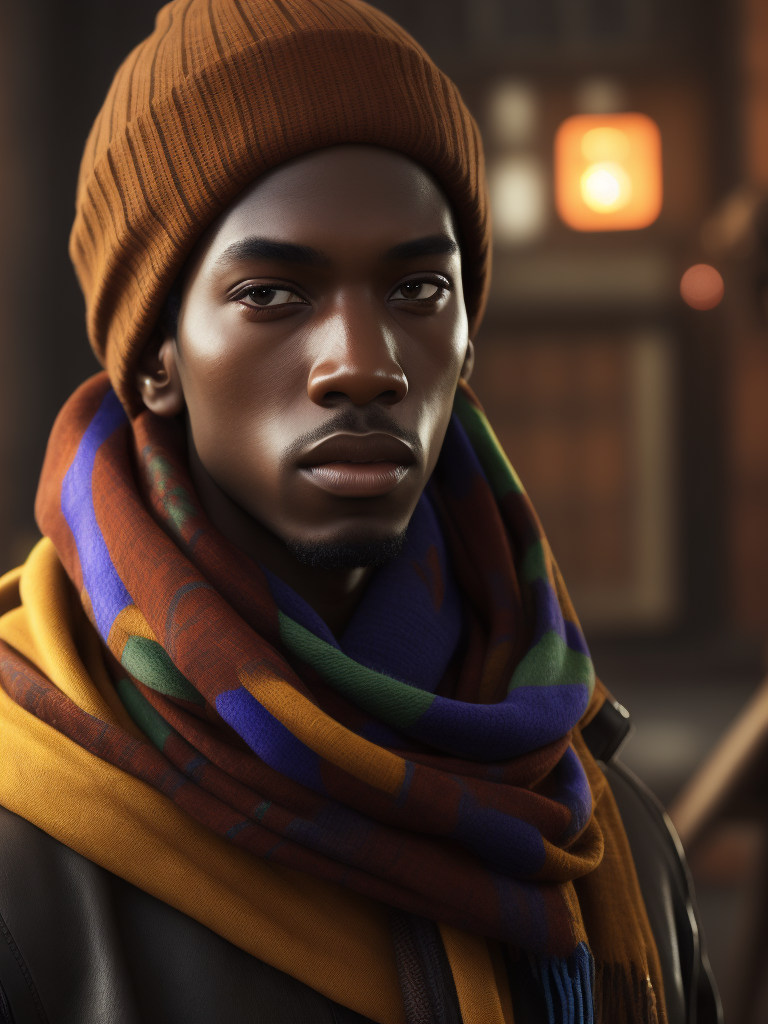 an african model wearing a brown beanie and a colorful scarf with "junk" written on it