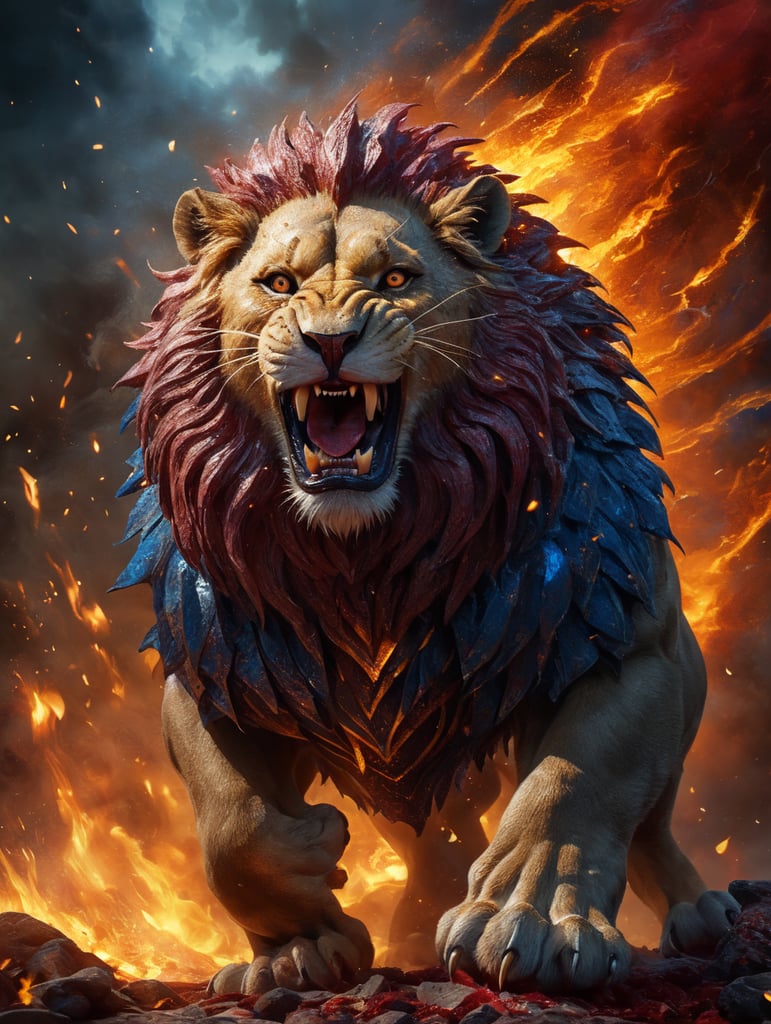 fierce snarling lion in maroon, blue and gold surrounded by flying embers and firestorm