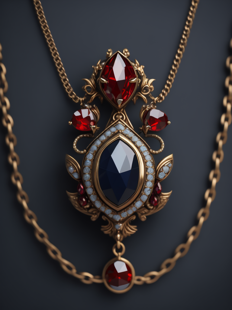 Jewelry on a dark blue background, chain decorated with red ruby