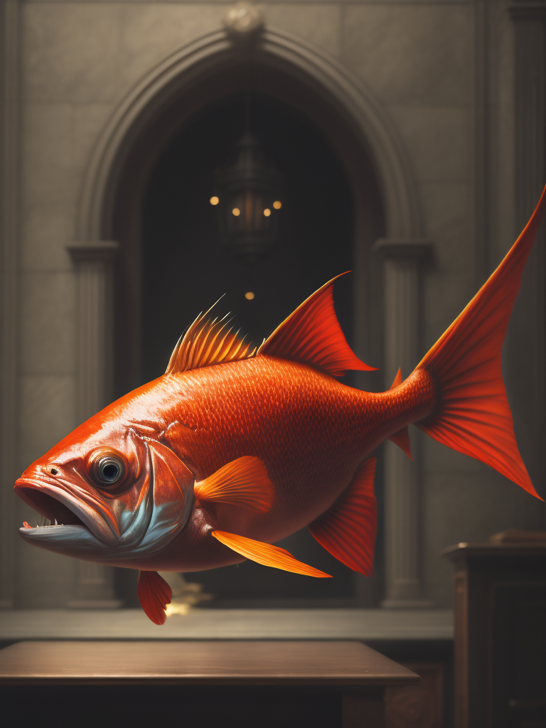 Demonic red fish with red horns, painting in the style of norman rockwell, hyper realistic, photorealistic, highly detailed