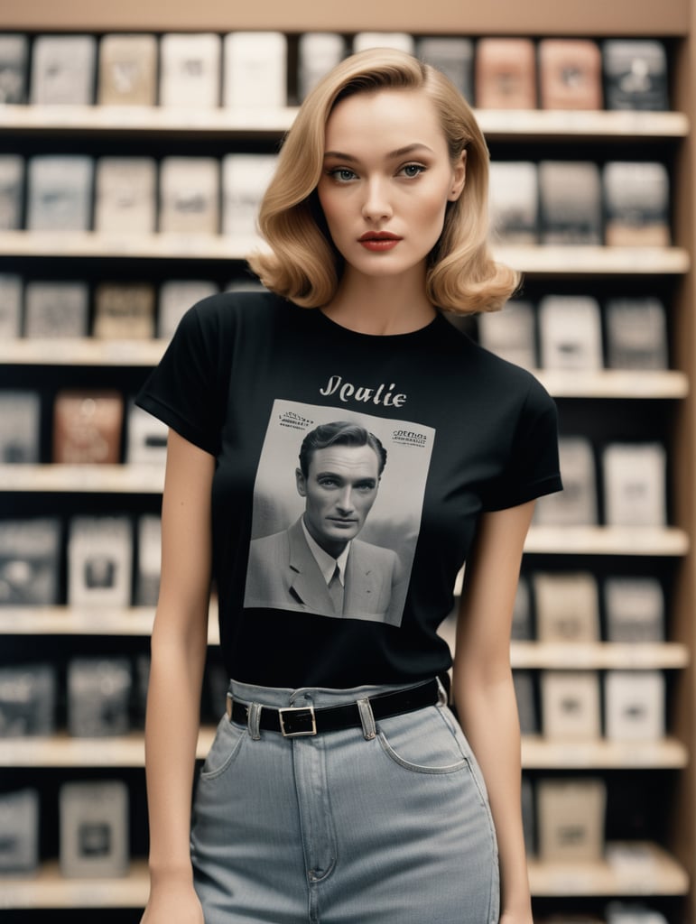 Extremely detailed photographic image, grained image, beautifully composed, monochrome image, 50's fashionable image, fashionable magazine photography, leica summicron 35mm f2.0, kodak 400tx, fashion photography, fashionable model, william s. burroughs, Woman wearing T-Shirt in Clothing Store Mockup