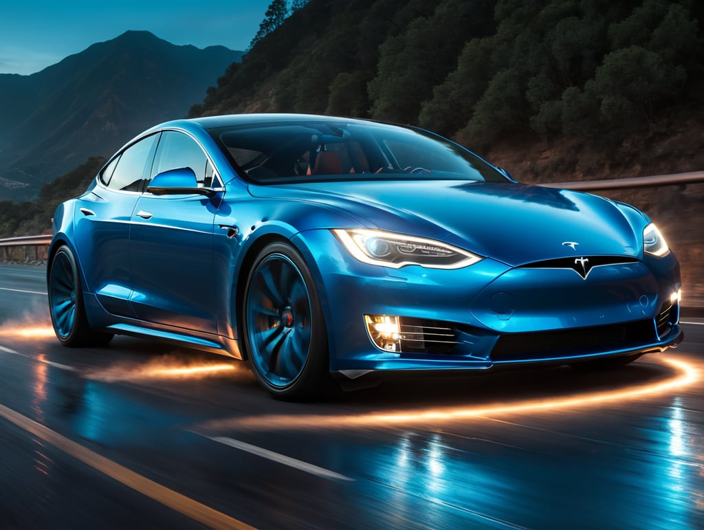 focusing on the front part of the car and the headlights, render a highly detailed, clean, tesla car speeding on highway from right to left with blue neon lights, blue headlights and light blue neon trails