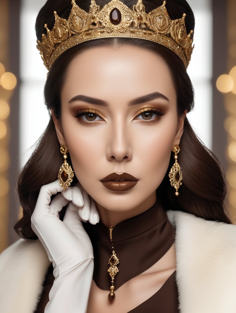 Lip aesthetics clinic in the context of a reign with isolated dark brown colors, with golden details of a determined and concise queen