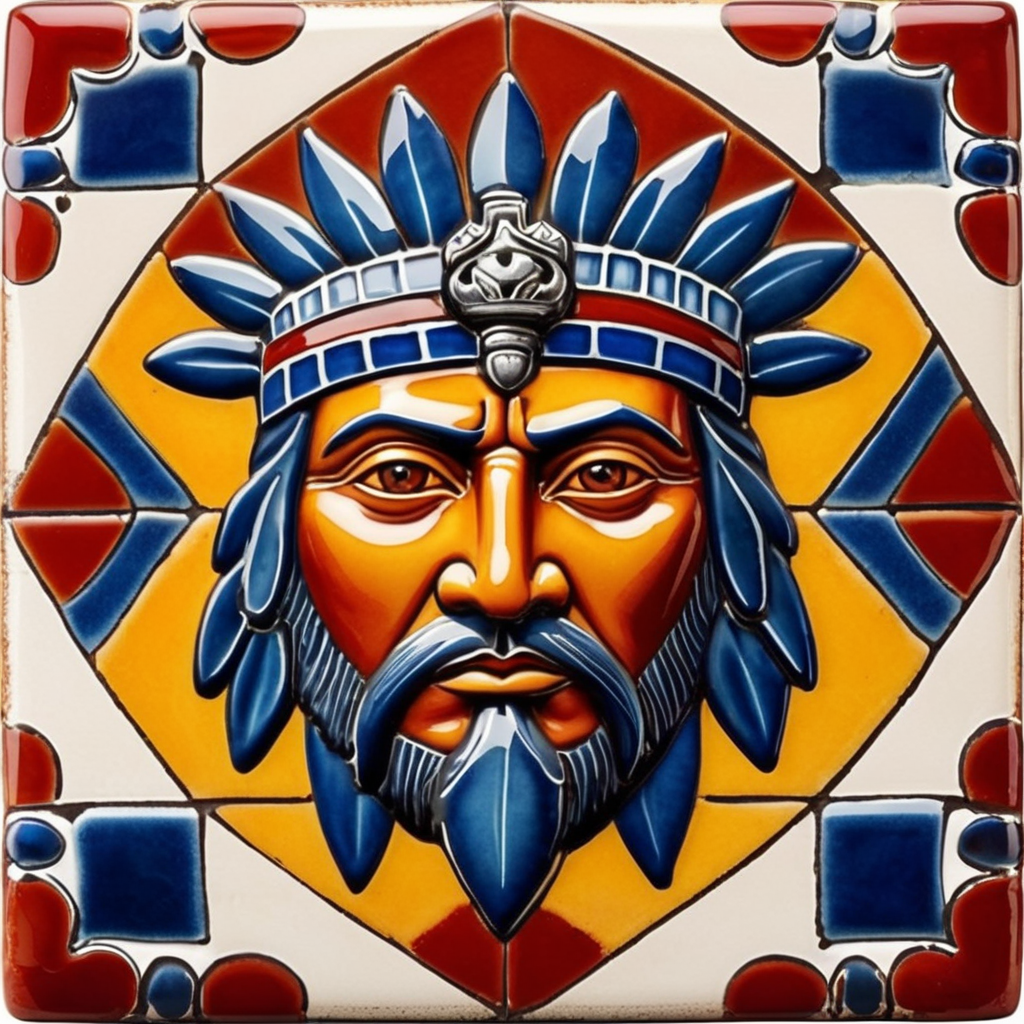 Square ceramic glazed tile with medieval art native American head, Azulejo