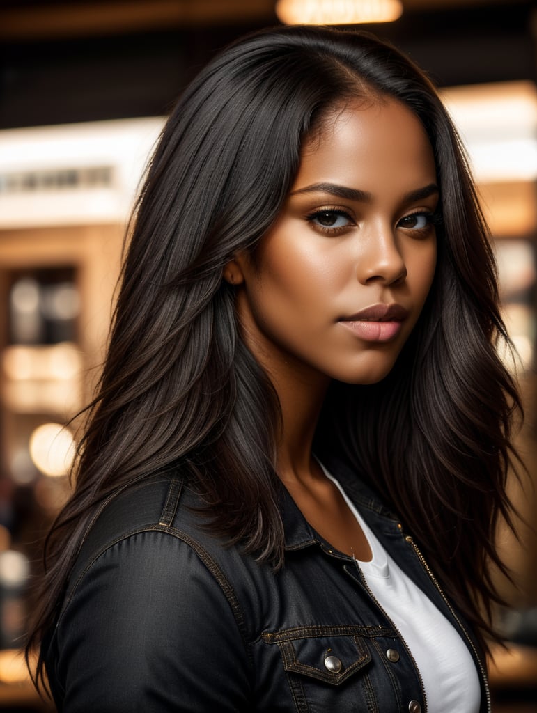 uma linda garota negra de cabelos lisos, compridos, pretos e espessos. ela usa uma jaqueta jeans preta e uma calça jeans preta ela esta em um ambiente mexicano foto hiper realista e detalhada