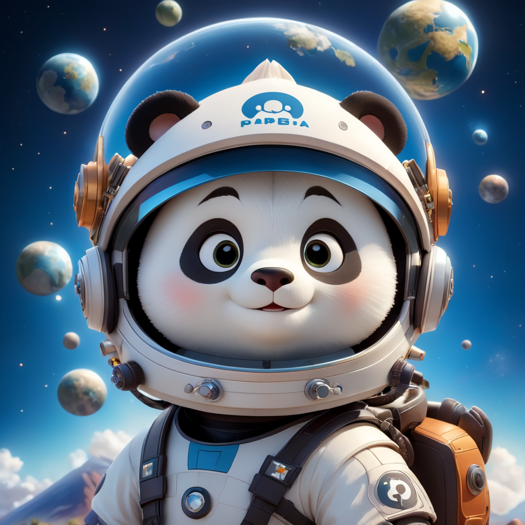 panda bear in a space helmet with earth behind