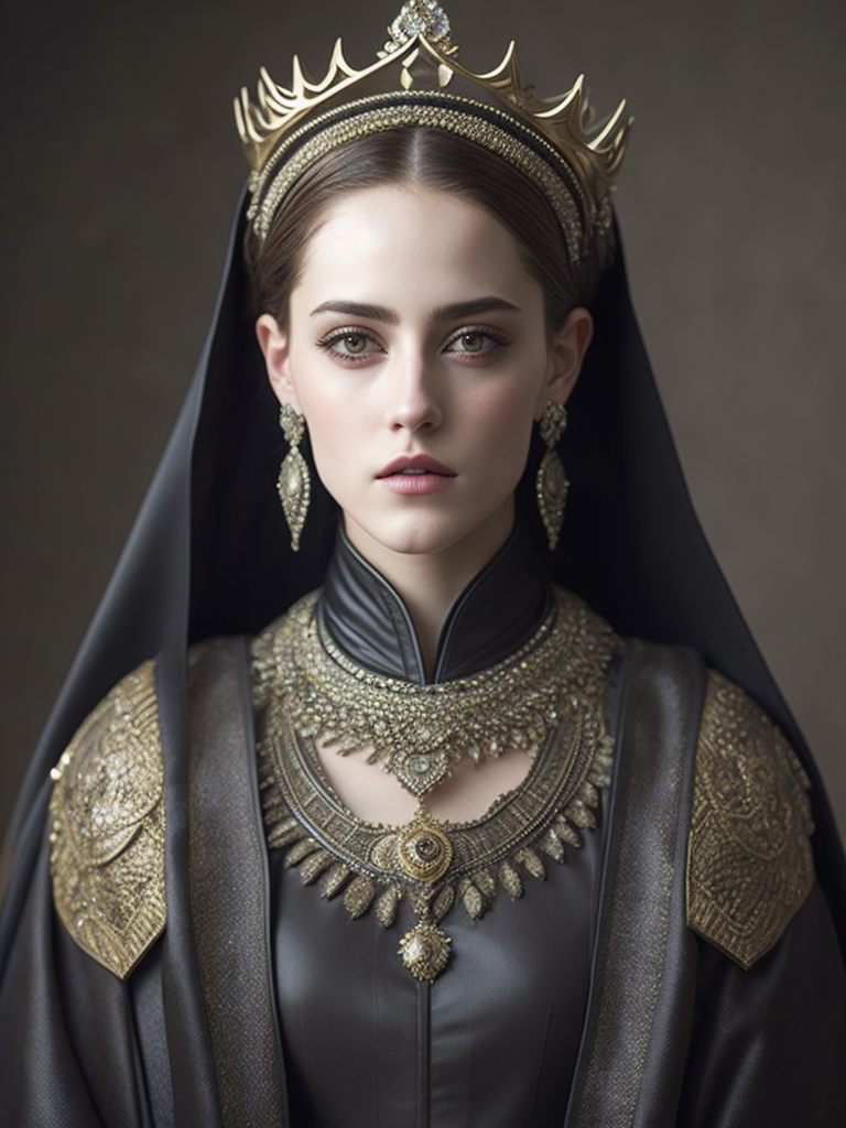 kristen stewart with arabic fashion black cloak and gold crown in the Renaissance ottoman throne kingdom, photo realistic, ultra-accurate detailed, bokeh lighting, hyper-realistic, real photo, real face of rose blackpink, ultra-detailed photograph