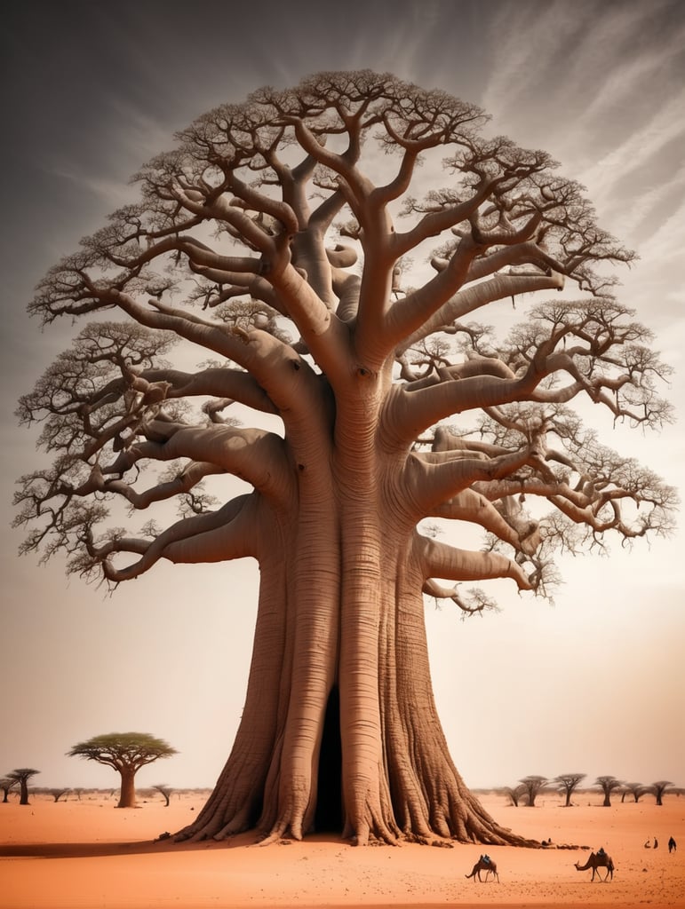 Imagine a mystical giant baobab tree on the Sahara desert with many human long noses.