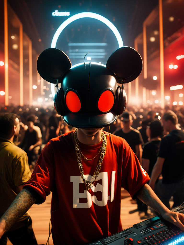 Deadmau5 dj playing in the night club, Red oversize t-shirt and gold chain, hall full of people having fun in the background, ultra realism, super detailed, neon colors